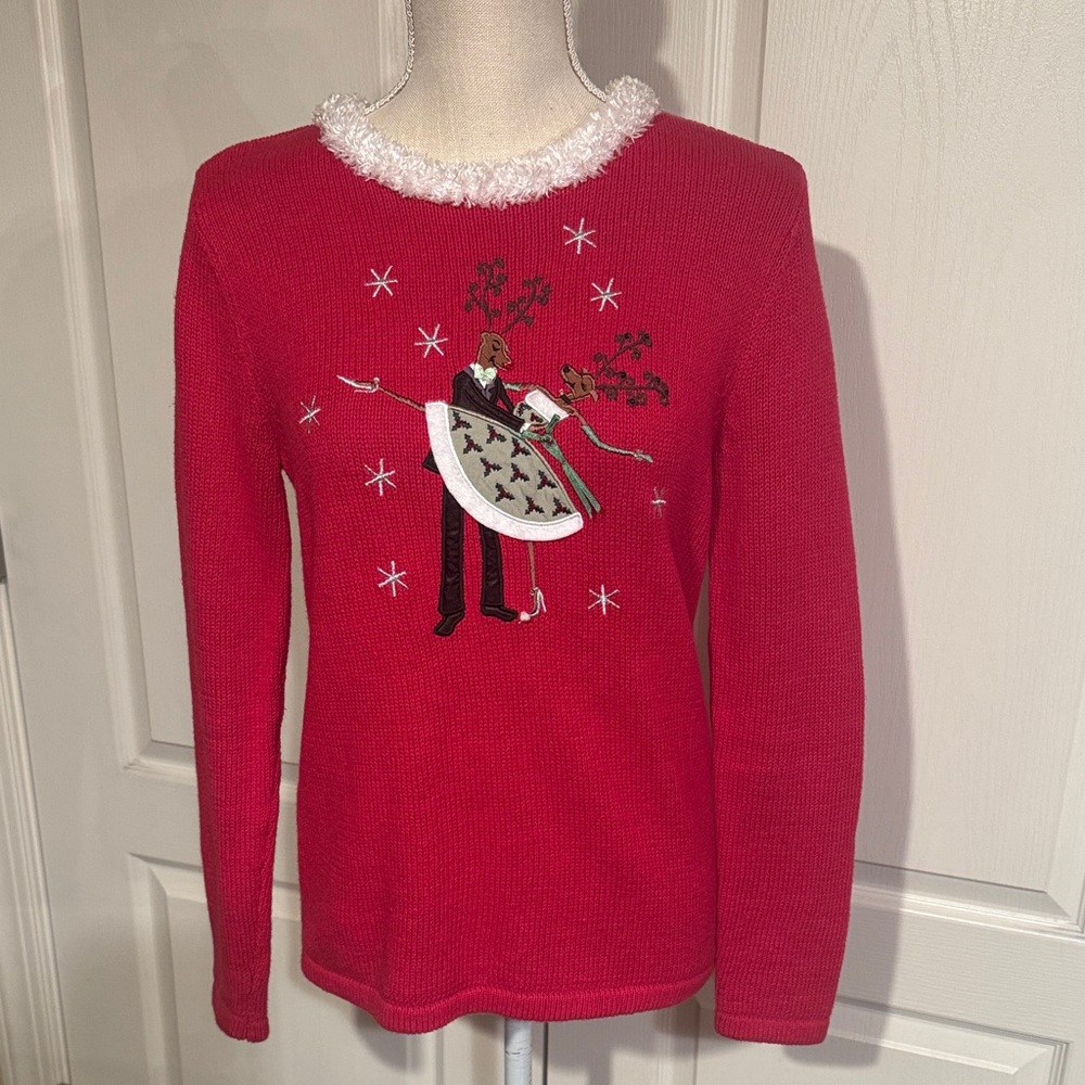 BECHAMEL PETITES Vintage 2 Reindeers Dancing Faux Fur Collar L/S Red Holiday PS